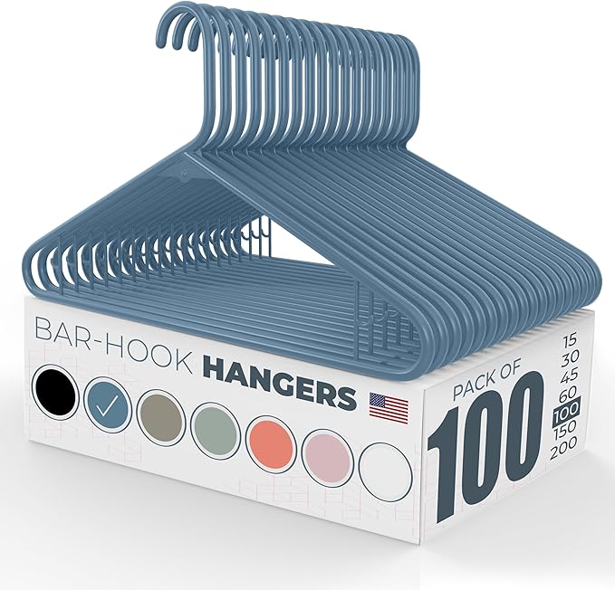 Neaties Plastic Hangers 100 Pack – Made in The USA – 6lb Capacity Standard Clothes Hangers with Strap Hooks for Dresses, Lingerie, Shirts, Pants, and Jackets – Blue
