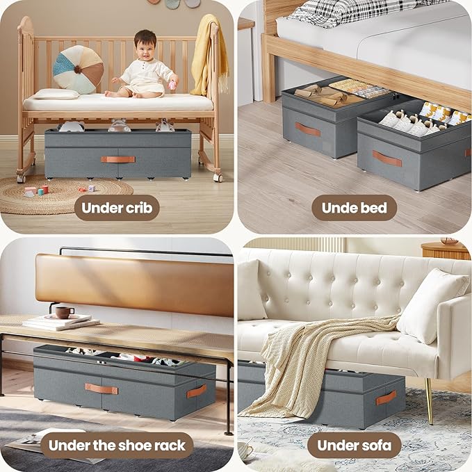Dayacoco Under Bed Storage with Wheels, 2Pack 71L Under the Bed Storage Containers, Adjustable Underbed Drawer with Lids, Underbed storage Rolling Bin for Shoes, Clothes, Blankets, Grey