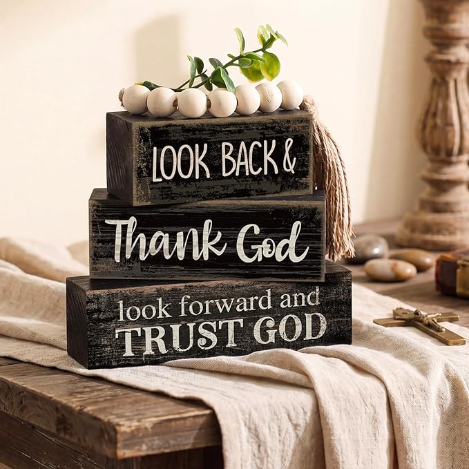 Moucuny 4 Pcs Farmhouse Table Decor Inspirational Wooden Signs Rustic Eucalyptus Leaves Wooden Block Sign Gift Thank and Trust God Farmhouse Table Centerpiece for Living Room Housewarming Gift