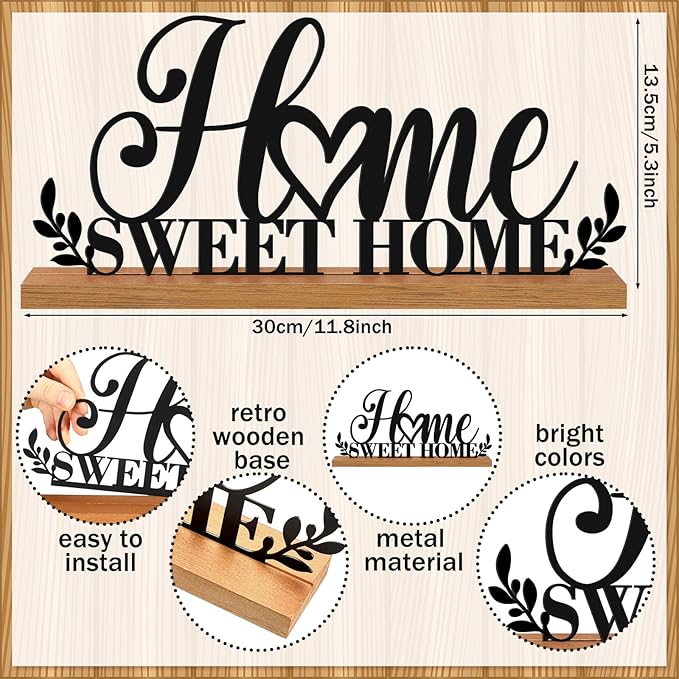 Teenyyou Home Sweet Home Sign House Table Decor Bless Centerpiece Black Metal Word Sign with Wooden Base for Sweet Family Tabletop Desk Decoration Housewarming Gift