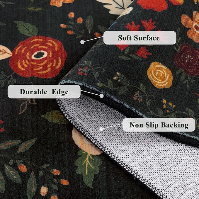 U'Artlines Indoor Door Mat Entrance Rug 2'x3'Soft Non Slip Machine Washable Floral Small Area Rug Carpet for Entryway Kitchen Bathroom Bedroom Black Green