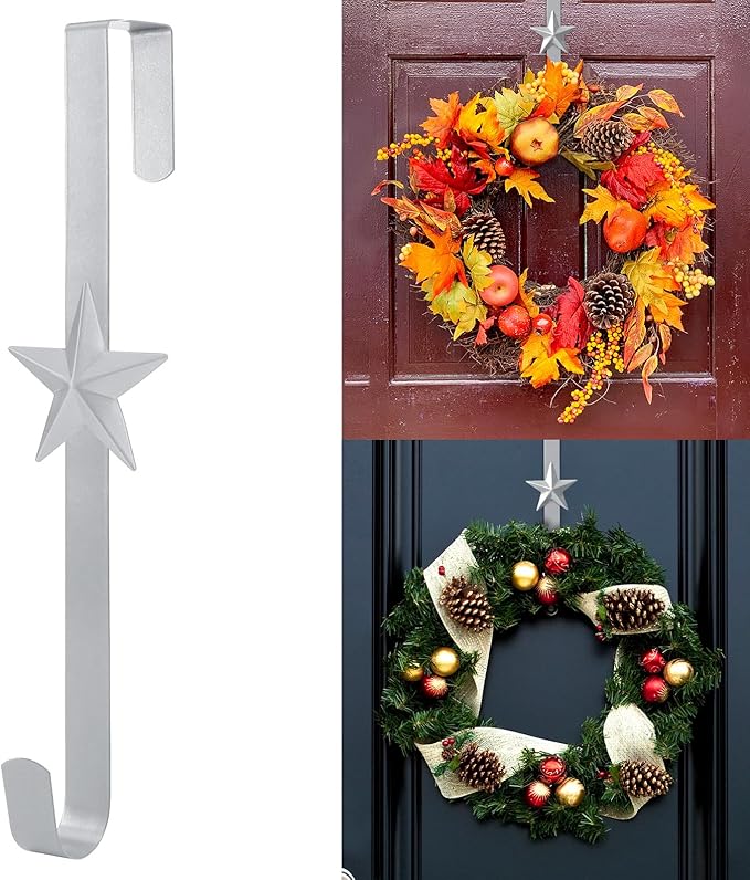Wreath Hangers for Front Door,15" Sturdy Metal Wreath Doors Hangers,Over The Door Hooks for Front Porch Decor,Garland Hooks Holders for Halloween Christmas Decorations (Silver Star, 2 Pack)
