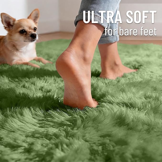 OLANLY Area Rugs for Living Room Bedroom, Machine Washable 4x5.9 ft Soft Fluffy Shaggy Bedside Rug, Indoor Floor Carpet for Kids Girls and Boys, Dorms, Nursery Rooms, Home Decor Aesthetic, Green