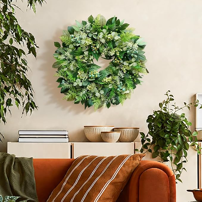 24 Inch Green Wreath for Front Door - Artificial Greenery Wreath with Berries, Indoor Outdoor All Season Year Eucalyptus Wreath for Farmhouse Home Decor, Spring Summer Fall Winter