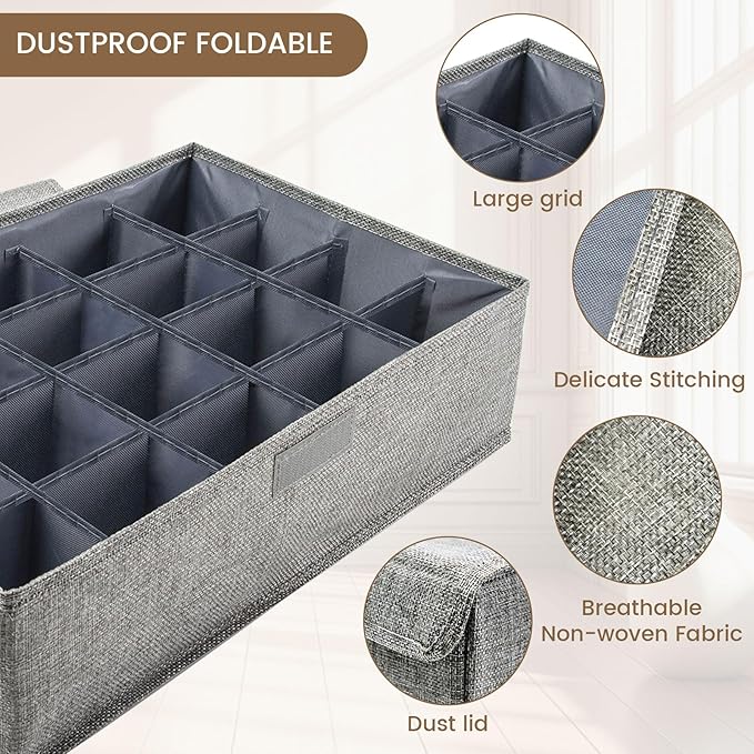 2 Pack Large Grid Sock Organizer Divider, 20 Cell with Lid, Fabric Foldable, Tie Organizer for Men for Storing Socks, Tie, Handkerchiefs, Belts (Grey)