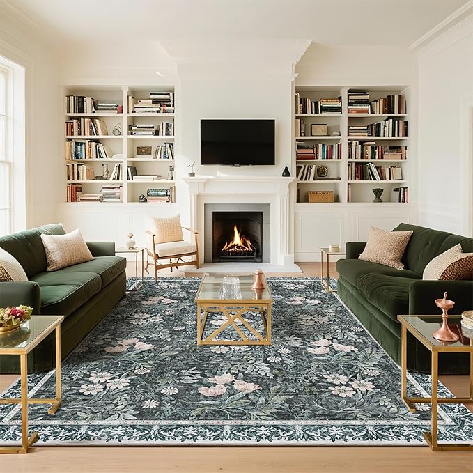 Washable 9x12 Area Rug - Light Green Vintage Floral with Ornate Border, Soft Low Pile Carpet for Living Room, Dining Room Under Table, Bedroom Non-Slip, Stain Resistant & Durable