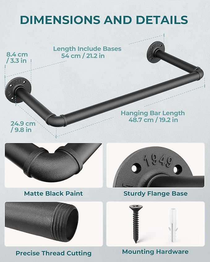 OROPY Industrial Pipe Clothes Rack 21.2” Set of 2, Heavy Duty Wall Mounted Black Iron Garment Bar, Multi-Purpose Clothing Hanging Rod for Laundry Room and Closet Storage