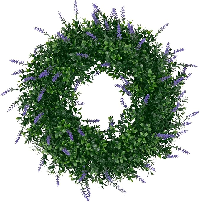 SHACOS Lavender Greenery Wreath 17" Artificial Boxwood Front Door Wreaths for Home Wall Window Farmhouse Decoration 100% Plastic Indoor Outdoor