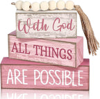 Yuntau 4 Pcs Farmhouse Tabletop Decor Wooden Rustic Inspirational Bible Verse Quotes with God All Things are Possible Decorative Pink Coquette Tiered Tray Decor Christian Gift for Women Home Shelf