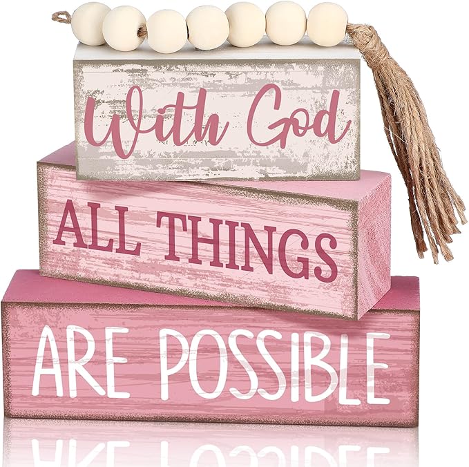 Yuntau 4 Pcs Farmhouse Tabletop Decor Wooden Rustic Inspirational Bible Verse Quotes with God All Things are Possible Decorative Pink Coquette Tiered Tray Decor Christian Gift for Women Home Shelf