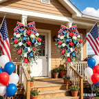 2 Pack 21'' Patriotic Swag Wreaths for Cabinets Artificial 4th of July Teardrop Wreath with Red White Blue Tulips Floral and Berries for Independence Day Memorial Day Front Door Porch Window Wall