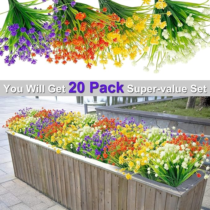 TURNMEON 20 Bundles Artificial Flowers for Outdoors Fake Plants Spring Decor, UV Resistant Artificial Plants Cemetery Fake Flowers Faux Plastic Greenery Shrub Porch Patio Summer Decorations 580 Head