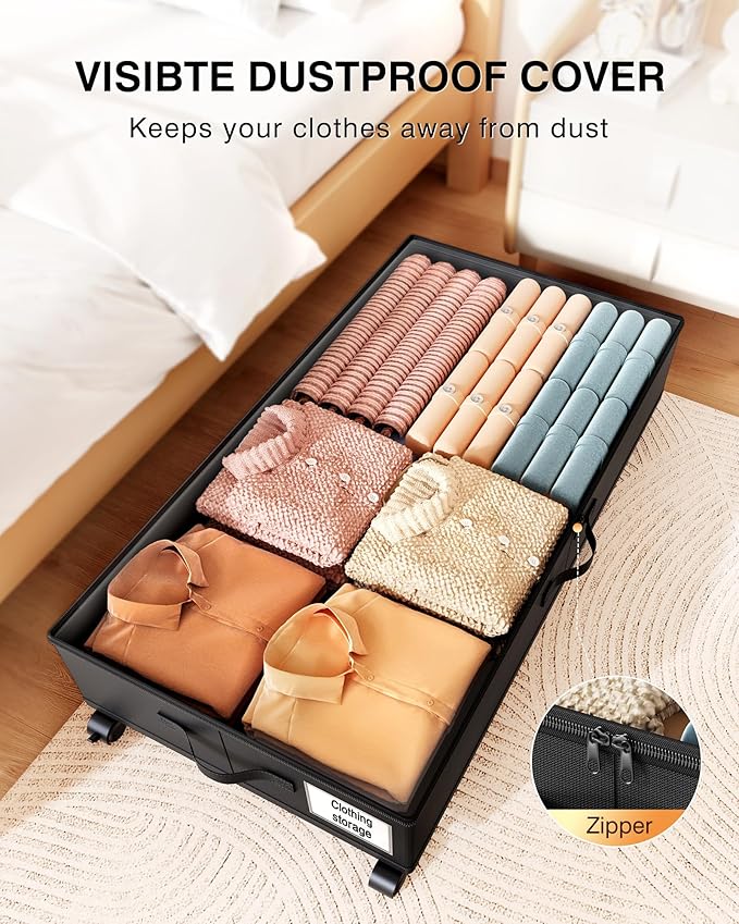 Under Bed Storage with Wheels,1Pack Underbed Shoe Storage Organizer,7.5-10.6 inchTall Adjustable Storage for Underbed with Lids,65L Extra large capacity for Clothes, Blankets,Shoes