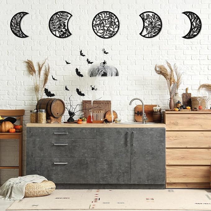 Jetec 5 Pcs Moon Phase Wall Art Decor Wall Pediments Hanging Wooden Phase Spiritual Bedroom Nordic Boho Lunar Aesthetic Art for Living Room Dorm Apartment Ornament(Dark Black,15.75 Inch,Botanical)