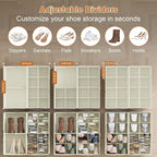Shoe Organizer for Closet, 2-Pack Foldable Shoe Storage Box with Adjustable Dividers & Clear Cover, Fits 16 Pairs, Beige, Durable and Space-Saving