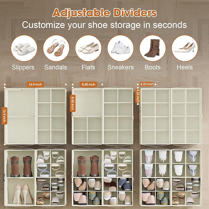 Shoe Organizer for Closet, 2-Pack Foldable Shoe Storage Box with Adjustable Dividers & Clear Cover, Fits 16 Pairs, Beige, Durable and Space-Saving