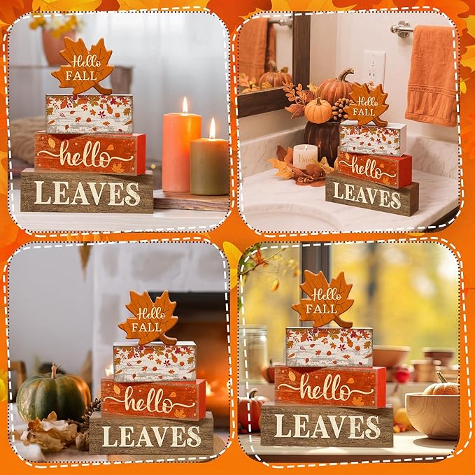 Moucuny 4 Pcs Fall Decor Wooden Maple Leaf Decoration Thanksgiving Tiered Tray Decor Rustic Wooden Maple Leaf Block Sign Thanksgiving Table Centerpiece Farmhouse for Autumn Harvest Party Kitchen Home