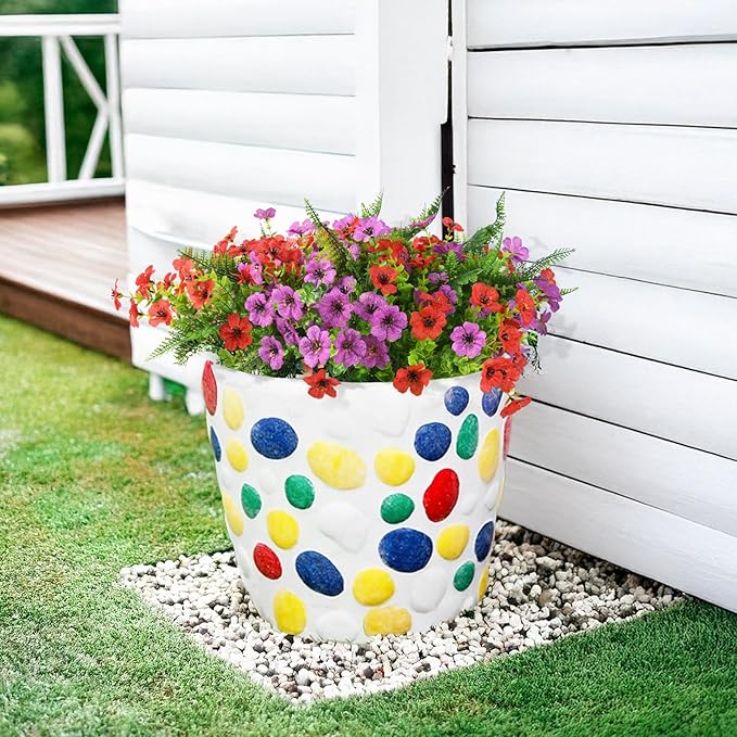 Homsunny Artificial Fake Flowers Plants for Outdoors, 12 Bundles Multicolor Fake Silk Daisy Flowers with Ferns Spring Summer Decor, UV Resisitant Faux Mums for Outside Planter Pot Front Porch Yard