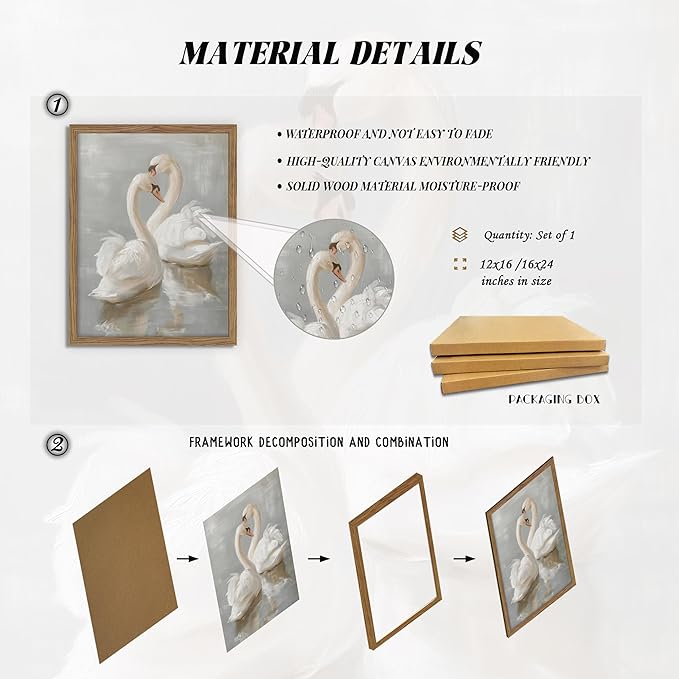 Framed White Swan Canvas Wall Art – Vintage Romantic Swan Oil Painting, Simple Rustic Animal Art Prints, Classical Artwork Wall Decor for Living Room Bedroom Office – 16x24in