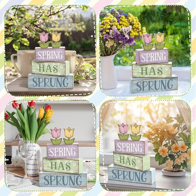 Moucuny 4 Pcs Spring Table Decorations Wooden Stacked Block Sign with Tulip Decor - "spring Has Sprung" Centerpiece Rustic Easter Tiered Tray Decorations Flower Signs for Home Kitchen Tabletop Mantel