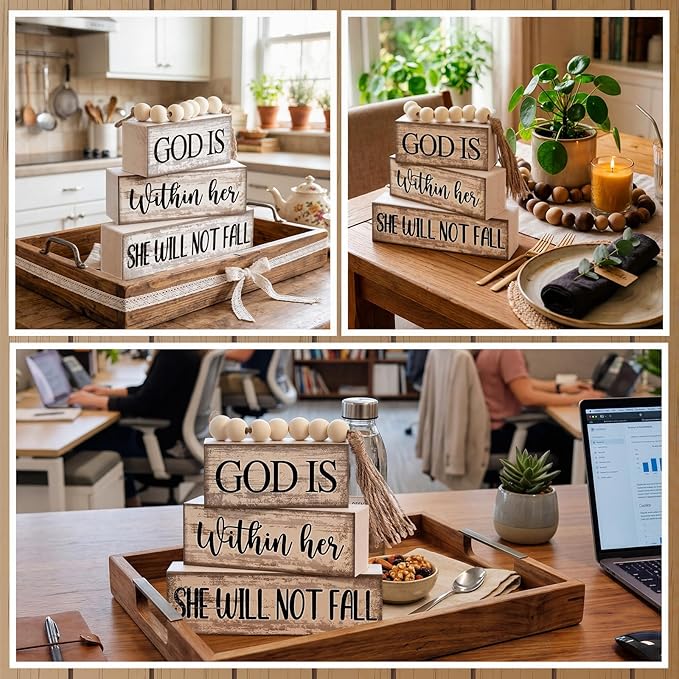 Lineshading 4 Pcs Christian Table Decor Rustic Wooden Block Sign Set with God Is Within Her She Will Not Fall Farmhouse Stacked Decor with Beaded Garland Tassel Christian Home Decors for Office, Shelf