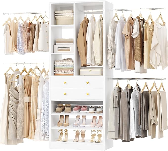 Closet System, 4.2–8.8 FT Closet Organizer with 2 Wooden Drawers and Shelves, Walk-in Closet System with Hanging Rods, Built-in Closet Tower, Can Fit 60 to 96 inch, White