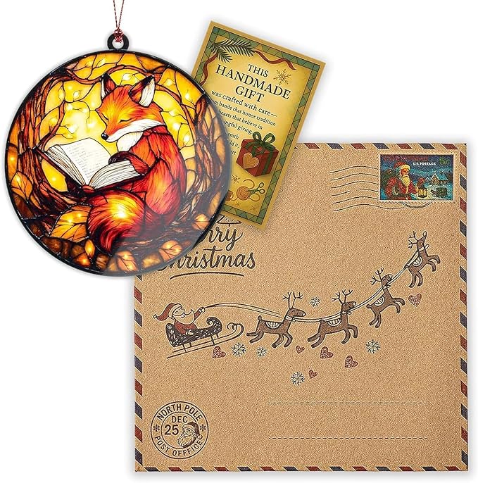 Fox Ornament, Book Lover Gifts for Women, Book Ornament, Christmas Ornaments 2026, Cozy Reading Animal Decor, Literary Gift Idea, Autumn Light Acrylic Suncatcher Ornaments, Unique