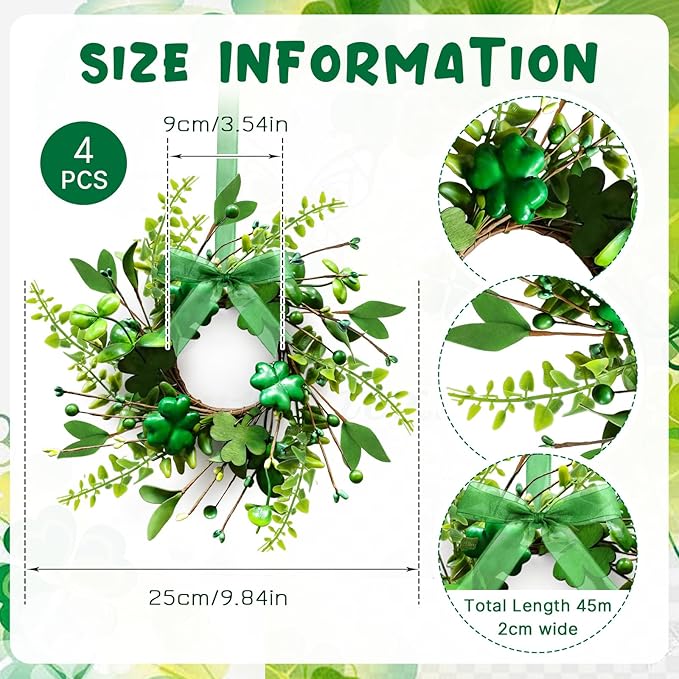 4 PCS Mini St. Patrick's Day Glitter Shamrocks Wreath for Front Door St. Patrick's Day Kitchen Cabinet Wreaths Decorations with Ribbon Small Lucky Green Irish Clover Berry Wreath for Porch Window