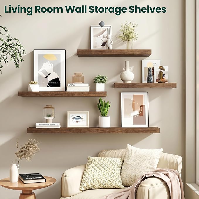 Floating Shelves for Wall 48 in x 9.3 in Deep, Wall Mounted Rustic Wood Shelf with Invisible Brackets for Storage & Display, Living Room Bedroom Bathroom, Walnut, 2 Pack