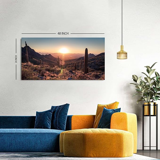 Mountain Wall Art Sunset Cactus Wall Decor Arizona Sonoran Desert Canvas Pictures Saguaro Landscape Photography Prints Western Nature Artwork for Living Room Bedroom Office Home Decoration 24x48"
