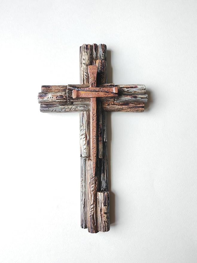 Eagrafts Rustic Decorative Layered Wood Like Resin Wall Cross With Faux Iron Nails, Home Wall Decor