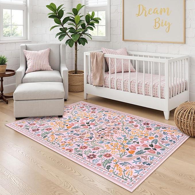 Moynesa Floral 3x5 Pink Rug for Bedroom Girls, Washable Soft Nursery Rug Non Slip, Boho Small Living Room Throw Carpet, Ultra Thin Flower Indoor Area Rug for Kids Room Dorm, Pink