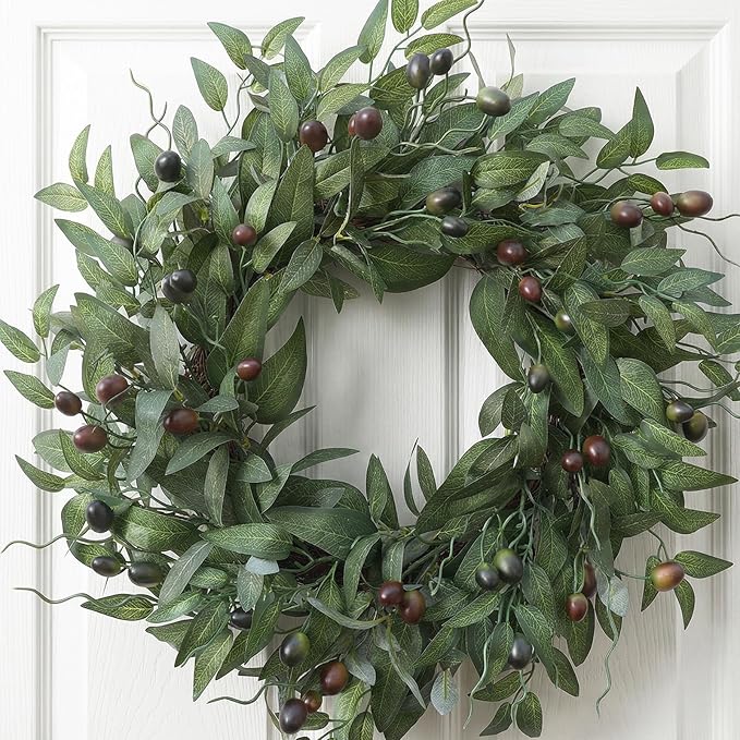 Olive Wreaths 20 Inch Wreath for Front Door with Purely Handmade Realistic Dense Olive Leaf Olive Berry, Elegant Home Decor Wreath Ideal for Front Doors, Hallways, Any Area You Want to Brighten