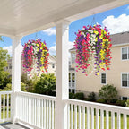 Artificial Flowers with Hanging Basket, Outdoor Faux Plants Silk Morning Glory Vines, Fake Petunias for Garden Patio Spring Summer Decor, Mixed Color