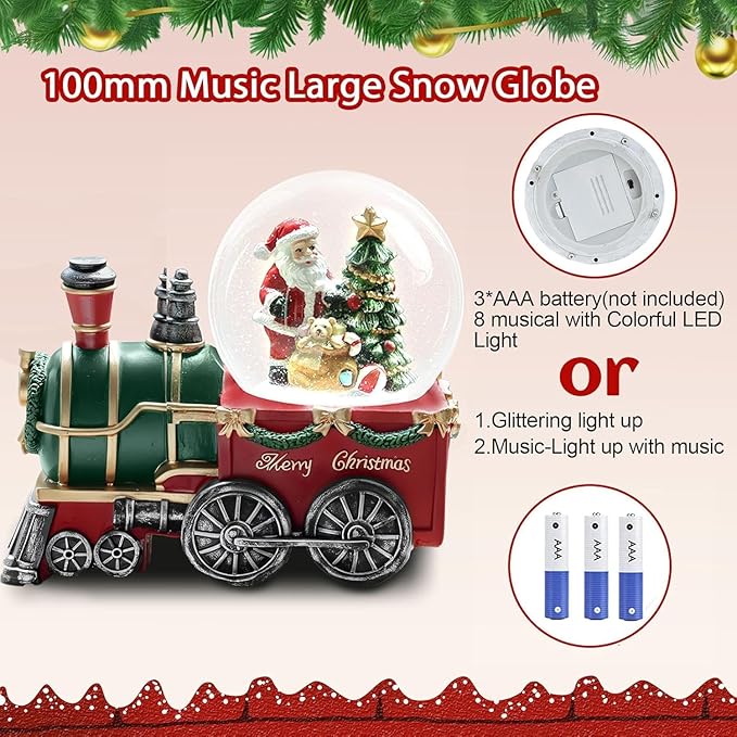 Christmas Snow Globe with Light up and Musical Snowflakes, 5.9 Inch Height Santa Claus Train Resin Snowglobe, Christmas Holiday Indoor Decor.