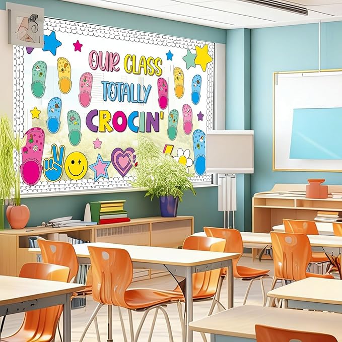 Summer Bulletin Board Decorations Set June Our Class Totally Crocin' Clsssroom Decor Smile Face Groovy Retro Colorful Shoe Charms Paper Cutouts for Back to School Chalkboard Wall Door Teacher Supplies