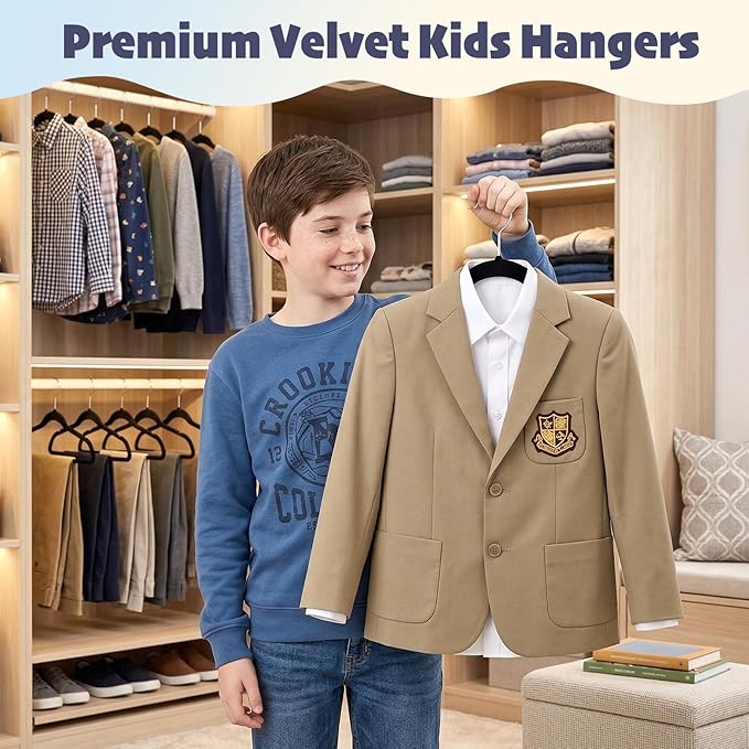 HOUSE DAY 14 Inch Kids Velvet Hangers 50 Pack, Durable Big Kid Hangers for Youth, Teen, Non Slip Kids Felt Hanger, Cute Childrens Hanger for Closet, Black