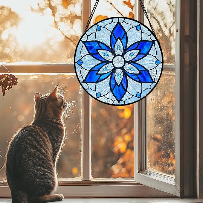 Stained Glass Window Hanging, Blue Tiffany Style Flowers Sun Catcher for Window Door Home Decor Suncatcher Christmas Mother's Day Birthday Gifts for Women Men Mom and Nana 9.8 in
