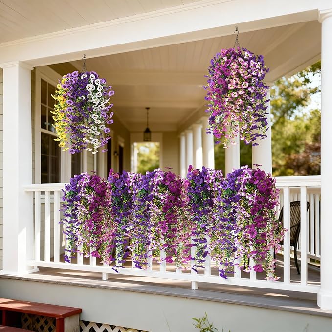 Fake Artificial Flowers for Outdoors, 4 Pcs Faux Hanging Pansy Flowers Spring Summer Decor, UV Resistant No Fade Fake Plants Silk Flower for Planter Front Door Porch Patio Yard Garden(Mixd Purple)