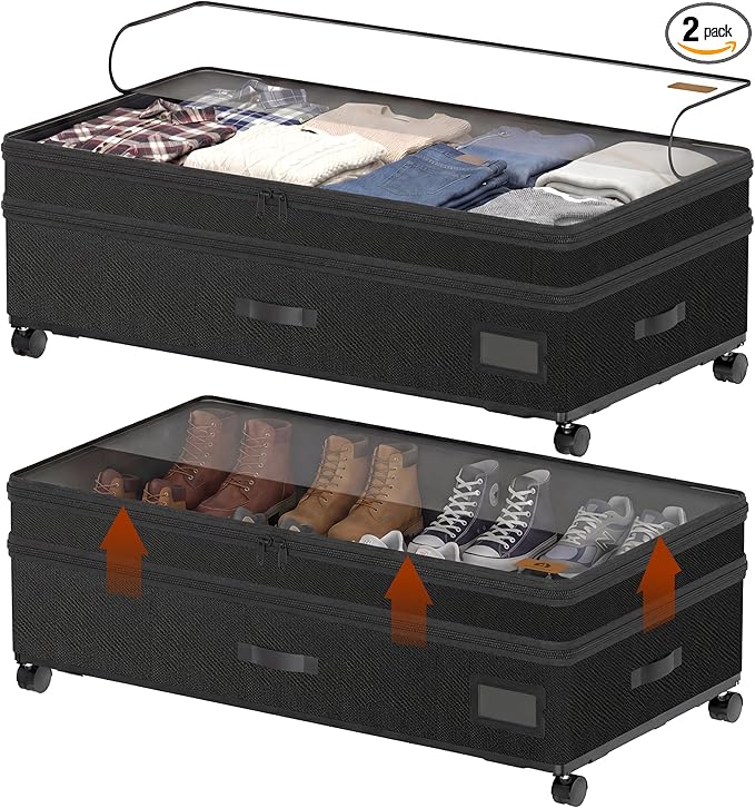 Under Bed Storage with Wheels, Adjustable Height Underbed Storage Containers, 2 Pack 65L Bins, Heavy-Duty 600D Fabric & Steel Frame for Clothes, Shoes, Bedding