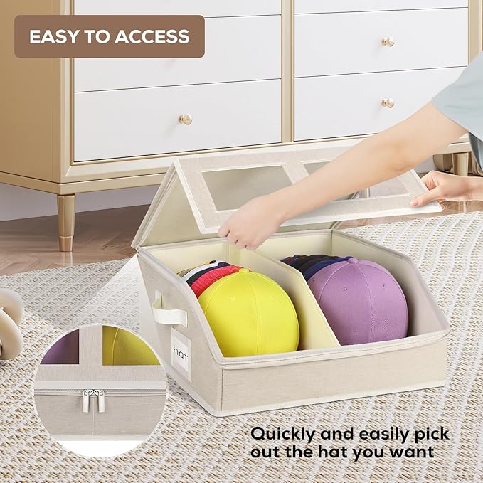 Hat Storage for Baseball Caps-Holds Up to 24 Caps, Hat Organizer for Closet Stackable Hat Box with Cardboard, Dustproof Baseball Cap Organizer with 2 Handles for Home Travel (Beige, 1 Pack)