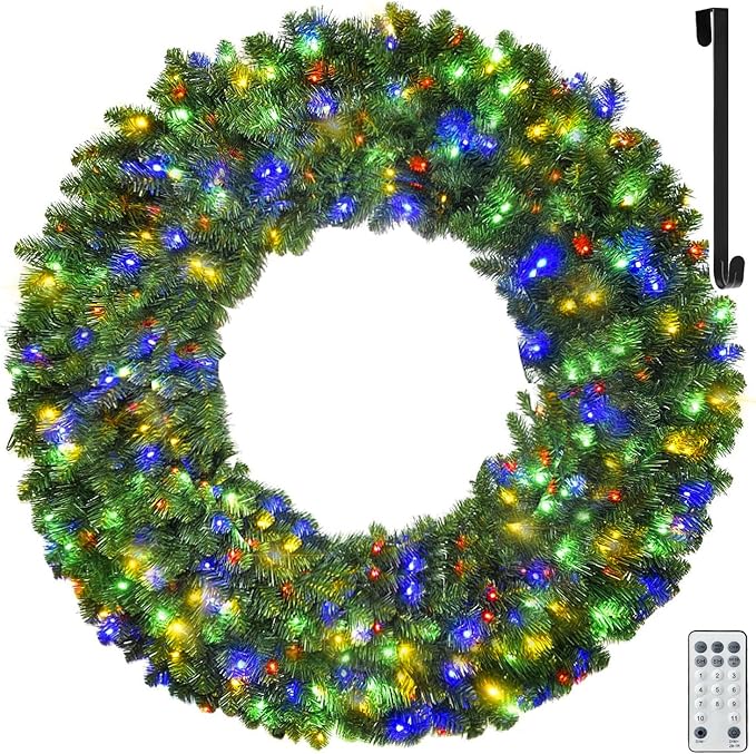 48in Large Prelit Christmas Wreath Outdoor with Lights, Artificial Lighted Christmas Wreaths with 210 Colorful LEDs, Metal Hook, Plug-in, 11 Functions for Home Holiday Decor