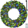 48in Large Prelit Christmas Wreath Outdoor with Lights, Artificial Lighted Christmas Wreaths with 210 Colorful LEDs, Metal Hook, Plug-in, 11 Functions for Home Holiday Decor