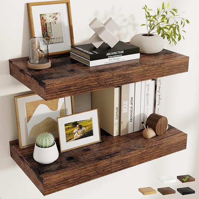 FLYJOE 24 Inch Long Floating Shelves for Wall Set of 2, 12" D Wood Grain Bathroom Shelves with Invisible Brackets, Easy Install Engineered Wood Storage Shelves for Kitchen, Living Room, Bedroom