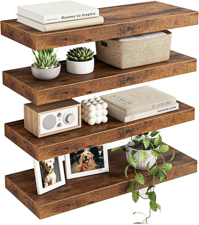 Fixwal Wood Floating Shelves, Wall Shelves Set of 4, Shelves for Wall Decor, with Invisible Brackets for Bathroom, Living Room,Bedroom and Kitchen(15.7in, Rustic Brown)