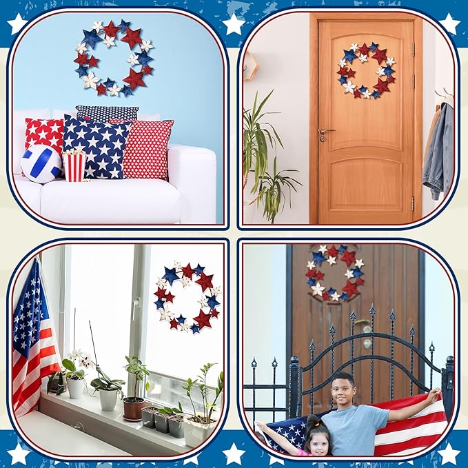 MorningRo Metal Patriotic Wreaths for Front Door 250th Anniversary Red White Blue Star 4th of July Wreaths Independence Day Hanging Vintage Rustic Independence Day Welcome Sign for Porch Wall Home