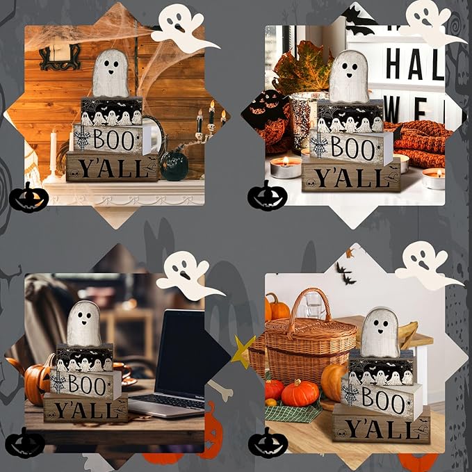 Lineshading 4 Pcs Halloween Table Decoration Wooden Ghost Tiered Tray Decoration Rustic Wood Ghost Block Signs Gift Halloween Centerpiece Farmhouse for Home Tabletop Kitchen Shelf