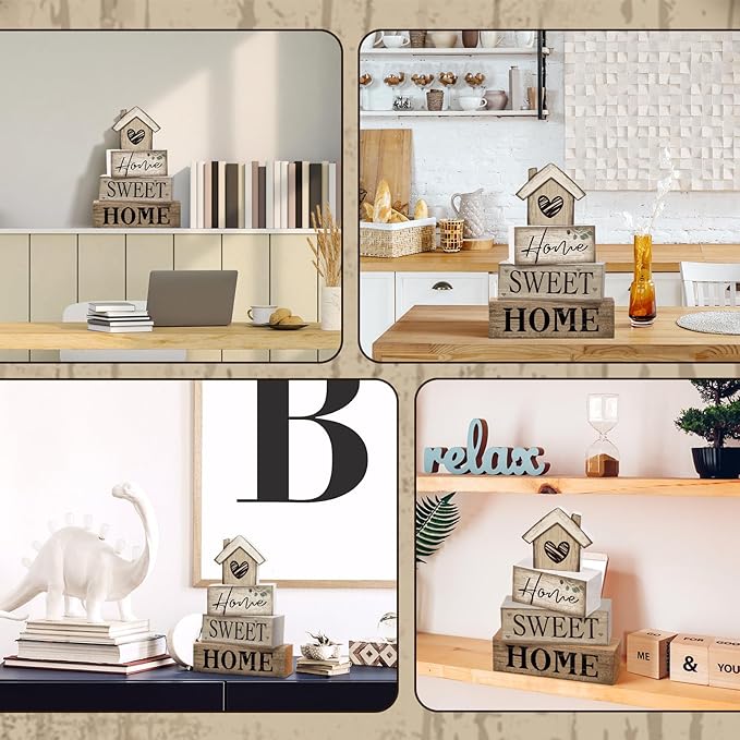 Moucuny 4 Pcs Wooden Farmhouse Tabletop Decor Rustic Home Tiered Tray Decor Decorative Highland Cow Home Eucalyptus Block Signs Gift Farmhouse Table Decoration for Kitchen Shelf(House)