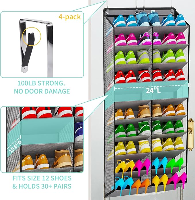 Heavy-Duty, over the door shoe organizer, Extra-Wide Large, shoe organizer, Holds 30 Pairs & Supports 100lbs, shoe rack, with Reinforced Grommets & Bamboo Rods, Fits Men's Size 12 & Boots, Grey