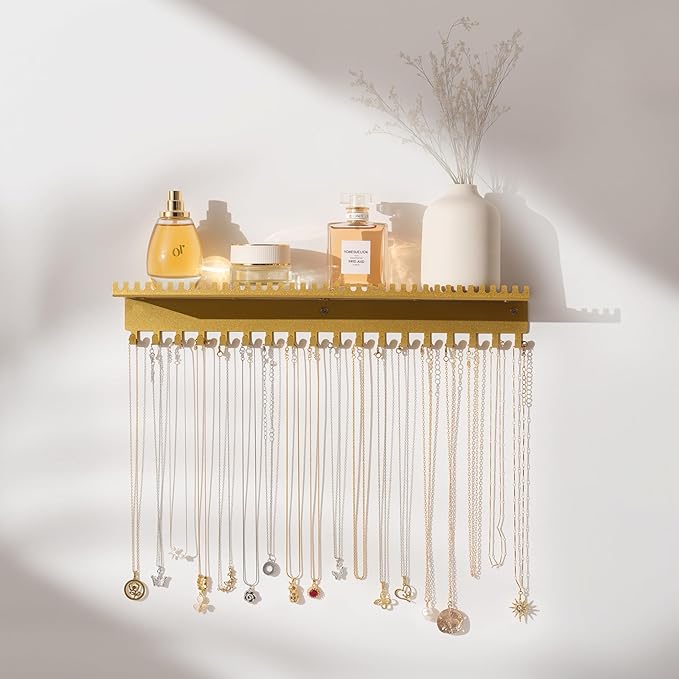 Necklace Holder Wall Hanging Organizer: Wall Mounted Jewelry Shelf with 56 Hooks and Tray, Display Hanger for Kids, Girls and Women, Gold & Metal